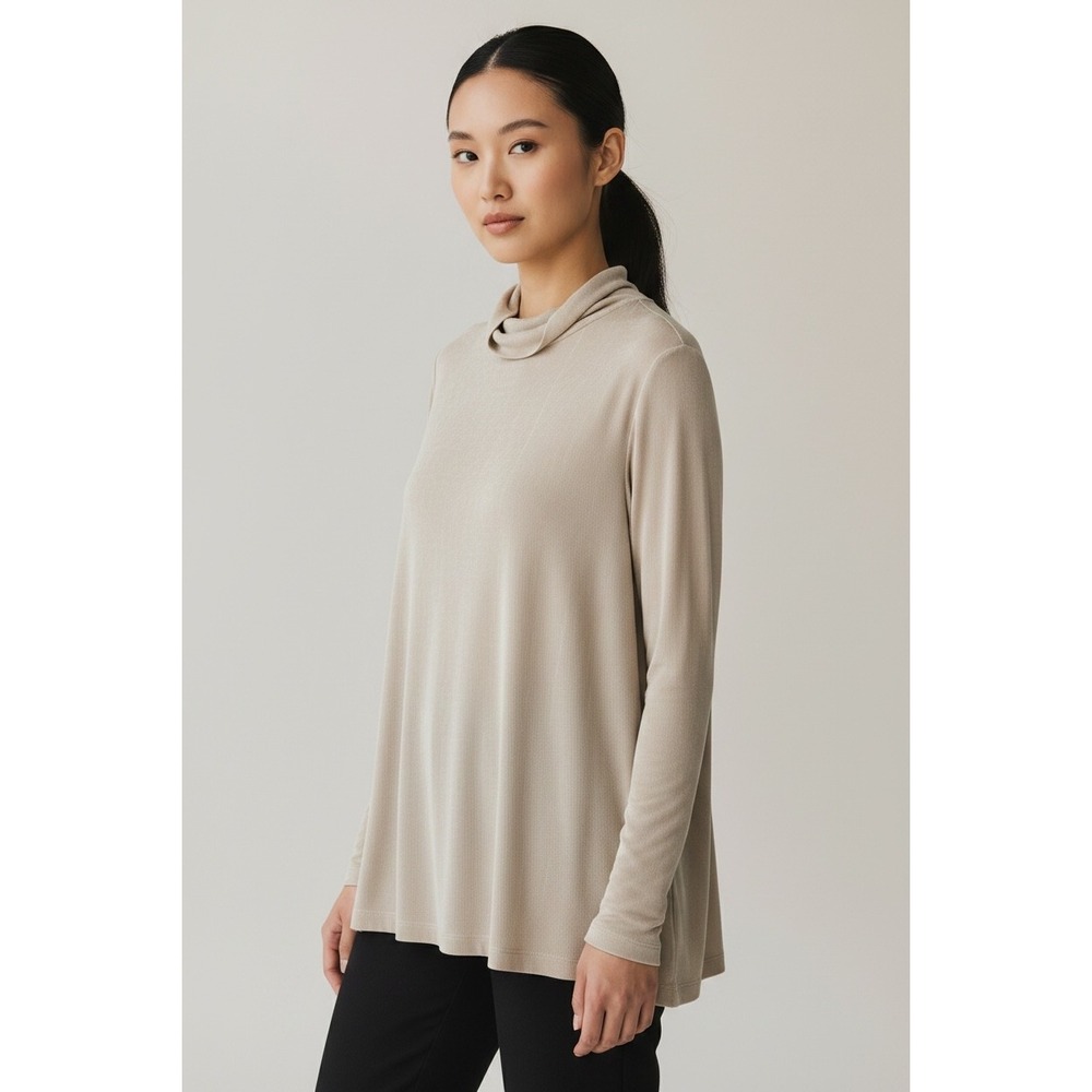 Chico's Travelers Top XL Beige Slinky Knit Mock Neck Long Sleeve Ribbed Exc